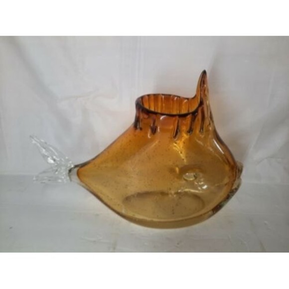 Large Crystal Art Glass Hand Blown Clear Fish Sea Ocean Beach Vase Bowl Amber 11 - Picture 6 of 9